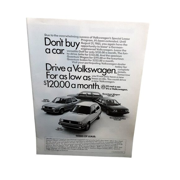 1985 Volkswagen Lease Ad - Golf Jetta Quantum Sedan Wagon Vintage VW Print - Picture 1 of 1